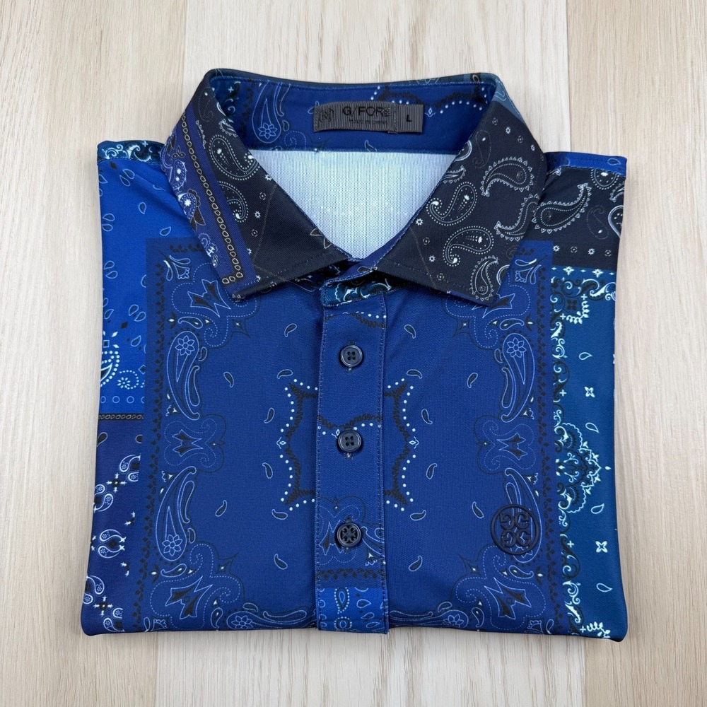 G/FORE Mens Blue Paisley Slim Fit Bandana Tech Piqué Golf Polo Shirt Size L